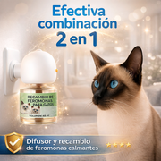 Difusor de Feromonas Calmantes para Gatos - 1 Difusor + 2 recambios 48ml - Solución a Estrés Felino