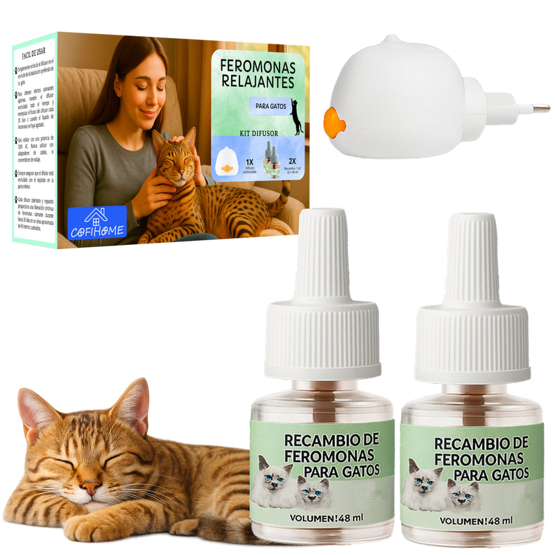 Difusor de Feromonas Calmantes para Gatos - 1 Difusor + 2 recambios 48ml - Solución a Estrés Felino