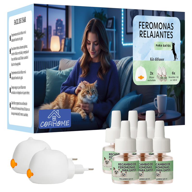 Megapack - Difusor de Feromonas Calmantes para Gatos - 2 Difusor + 6 recambios 48ml - Solución a Estrés Felino
